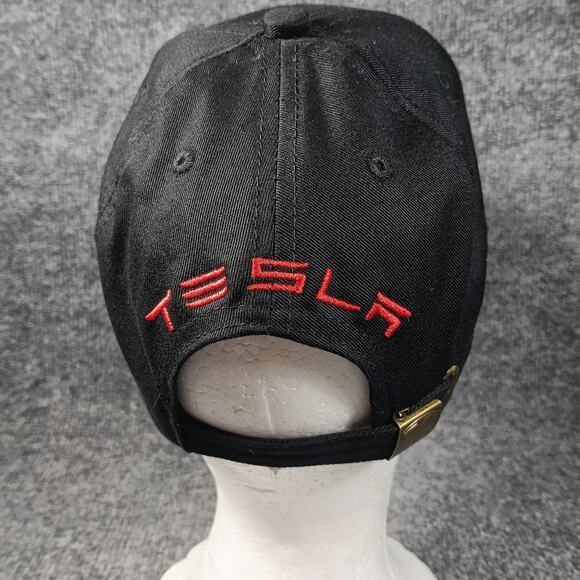 Tesla Hat Cap Logo One Size Black Red Piping Strapback Spellout - Picture 2 of 8